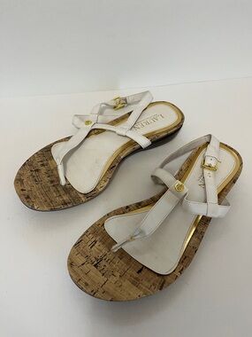 Lauren Ralph Lauren Kya White Cork Thong Sandals with Gold Accents Buckle 7.5